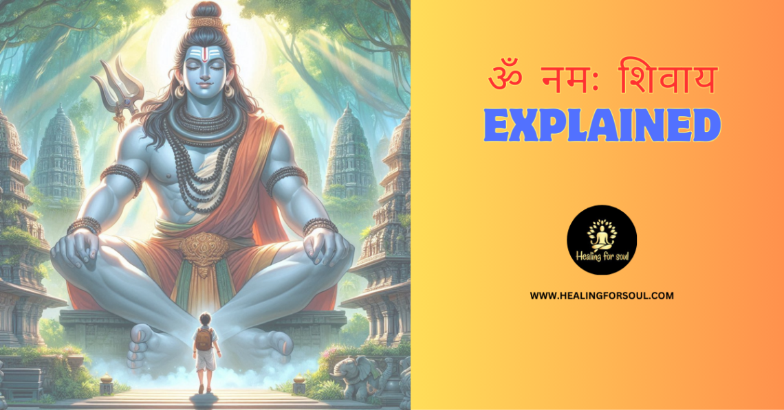 Aum Namah Shivaya Mantra explained with spiritual symbols and serene background