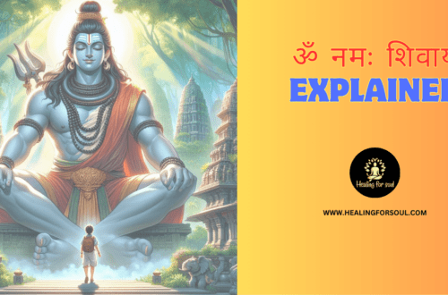 Aum Namah Shivaya Mantra explained with spiritual symbols and serene background